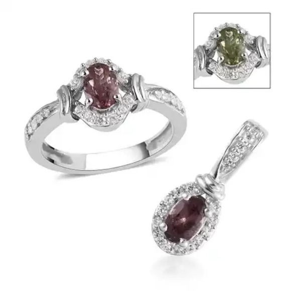 Jewelry - Natural Color Change Garnet & White Zircon Ring & Pendant Halo Style Set.